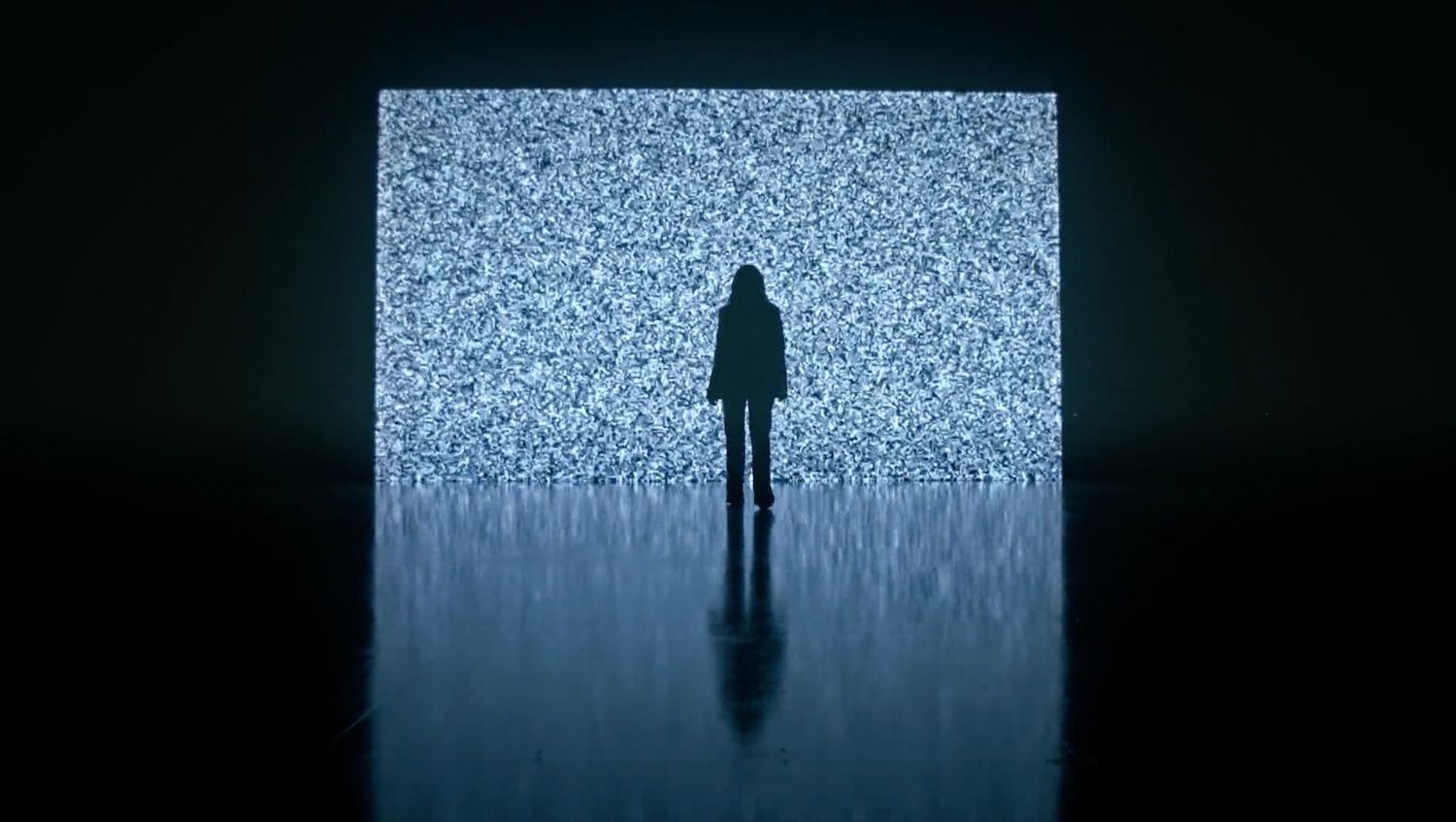 A figure standing before a wall of static light