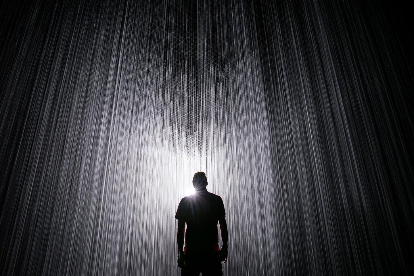 A silhouette standing in a curtain of falling light